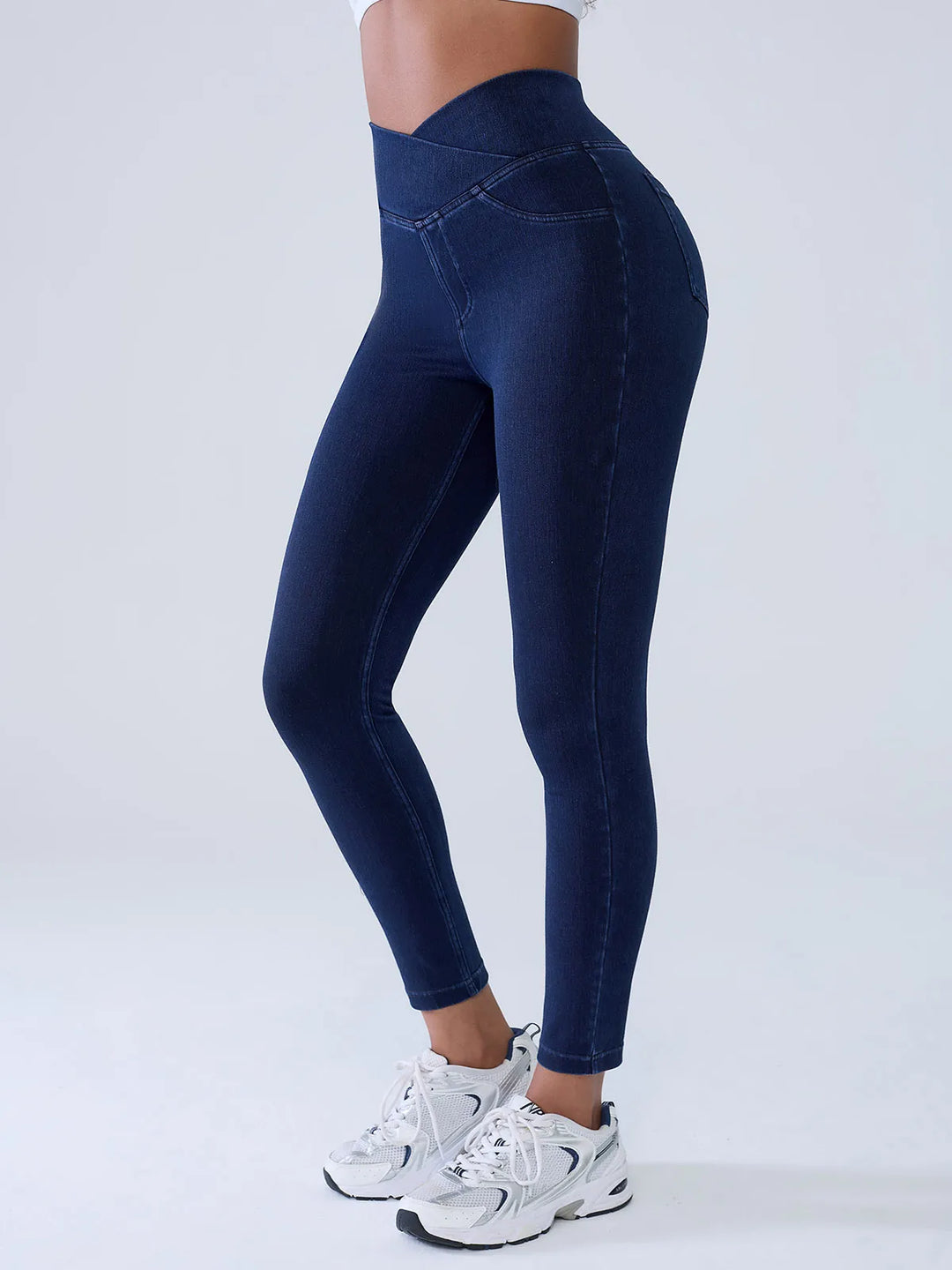 Crossover Denim Sculpting Leggings with Pockets