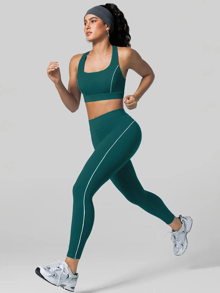 Contrast Color Wide Strap Bra Tummy Control Leggings Set