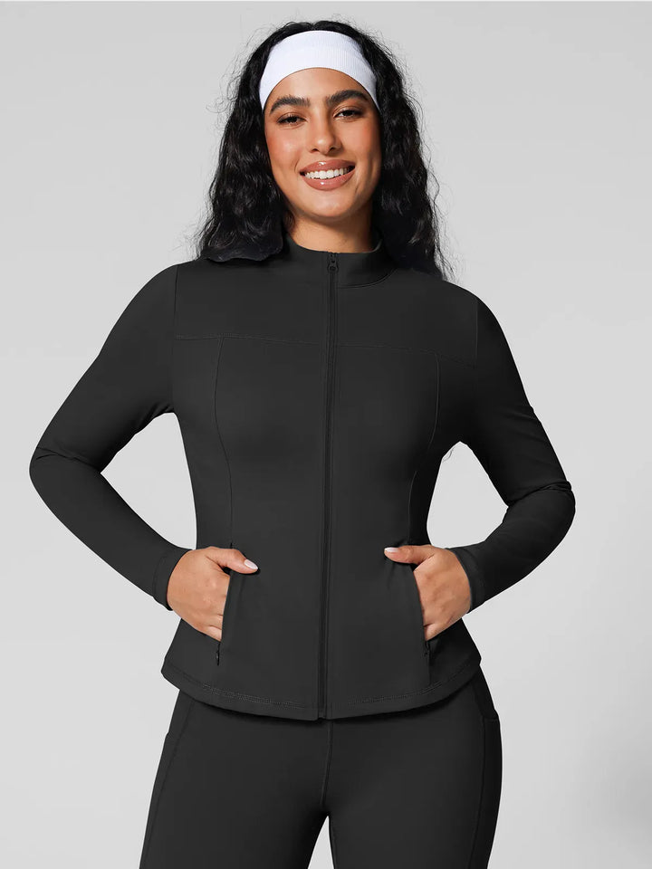 A model wearing a BRXL® Athleisure Hidden Pockets Cropped Jacket in