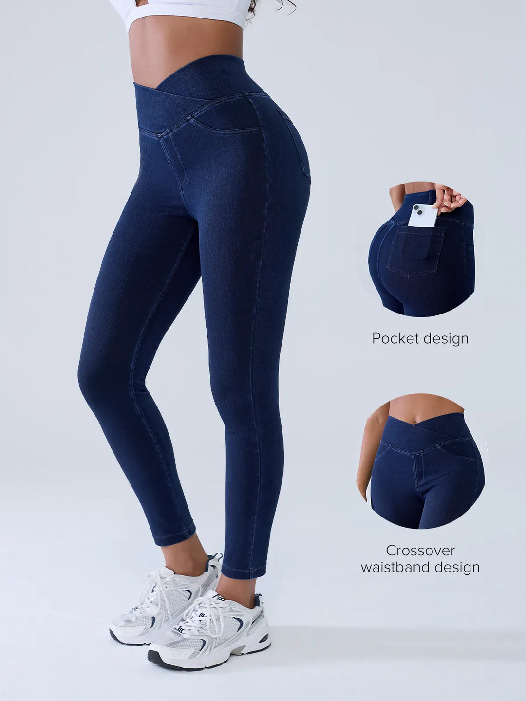 A model wearing a BRXL® Crossover Denim Sculpting Leggings with Pockets in