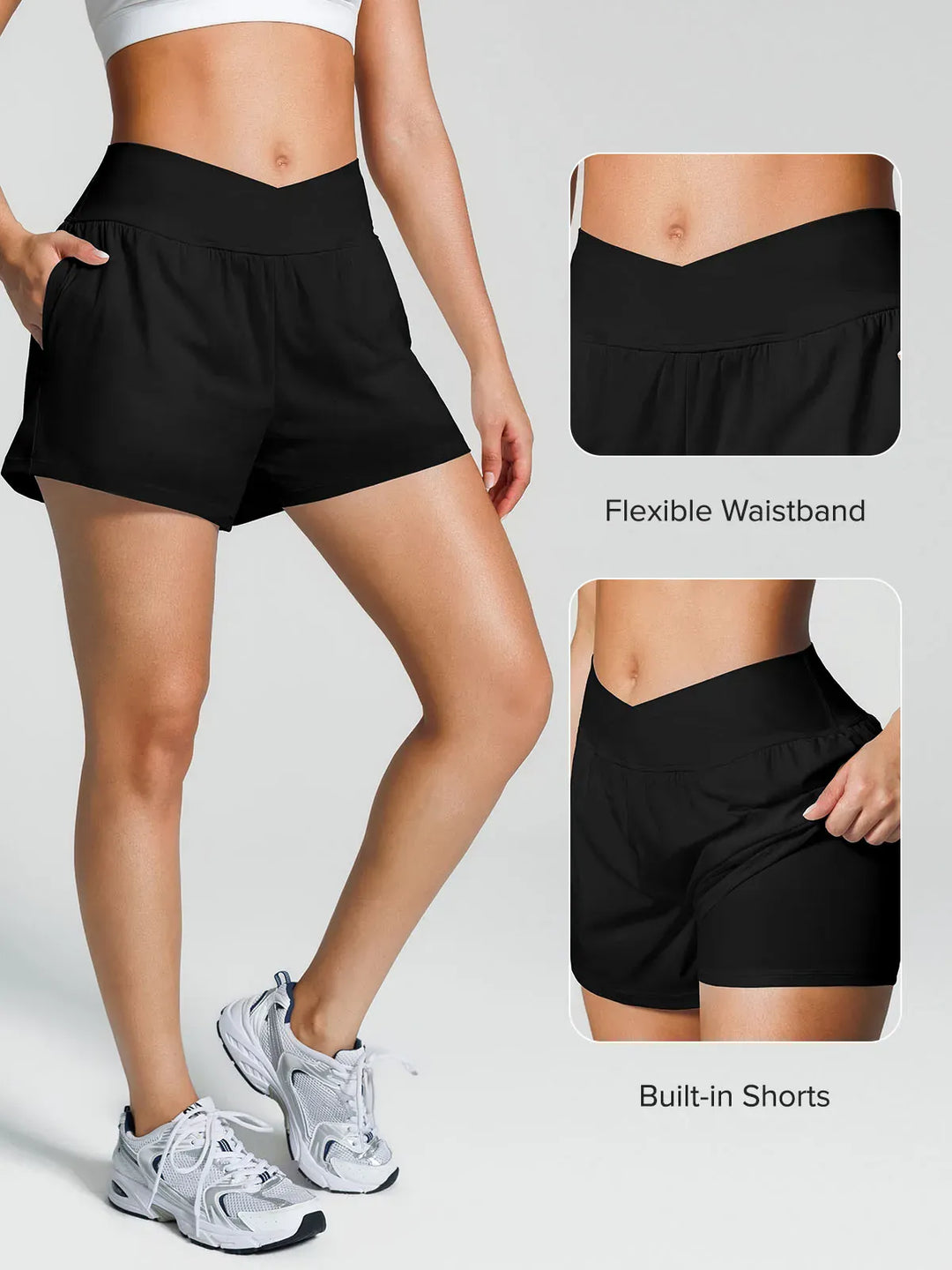 A model wearing a BRXL® Crossover Ruffled Flowy Shorts in