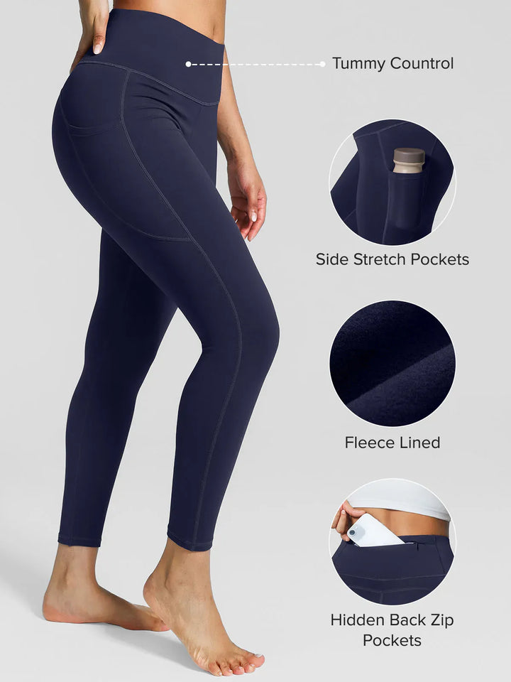 A model wearing a BRXL® High Rise Side Pockets Fleece Lined Leggings in