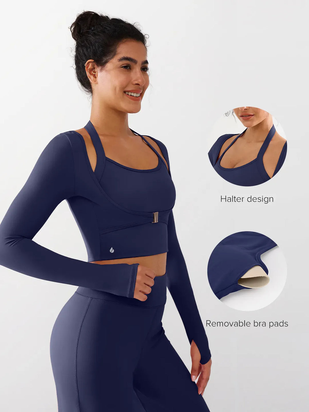 A model wearing a BRXL® Long Sleeve Halter Shrug Top with Buckle and Thumbhole in