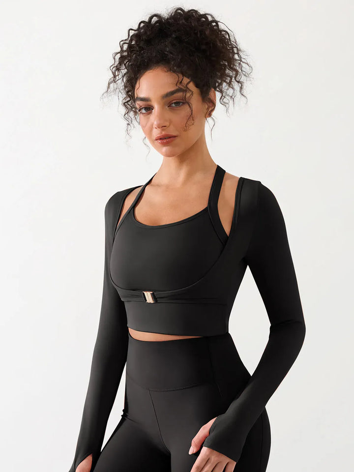 A model wearing a BRXL® Long Sleeve Halter Shrug Top with Buckle and Thumbhole in