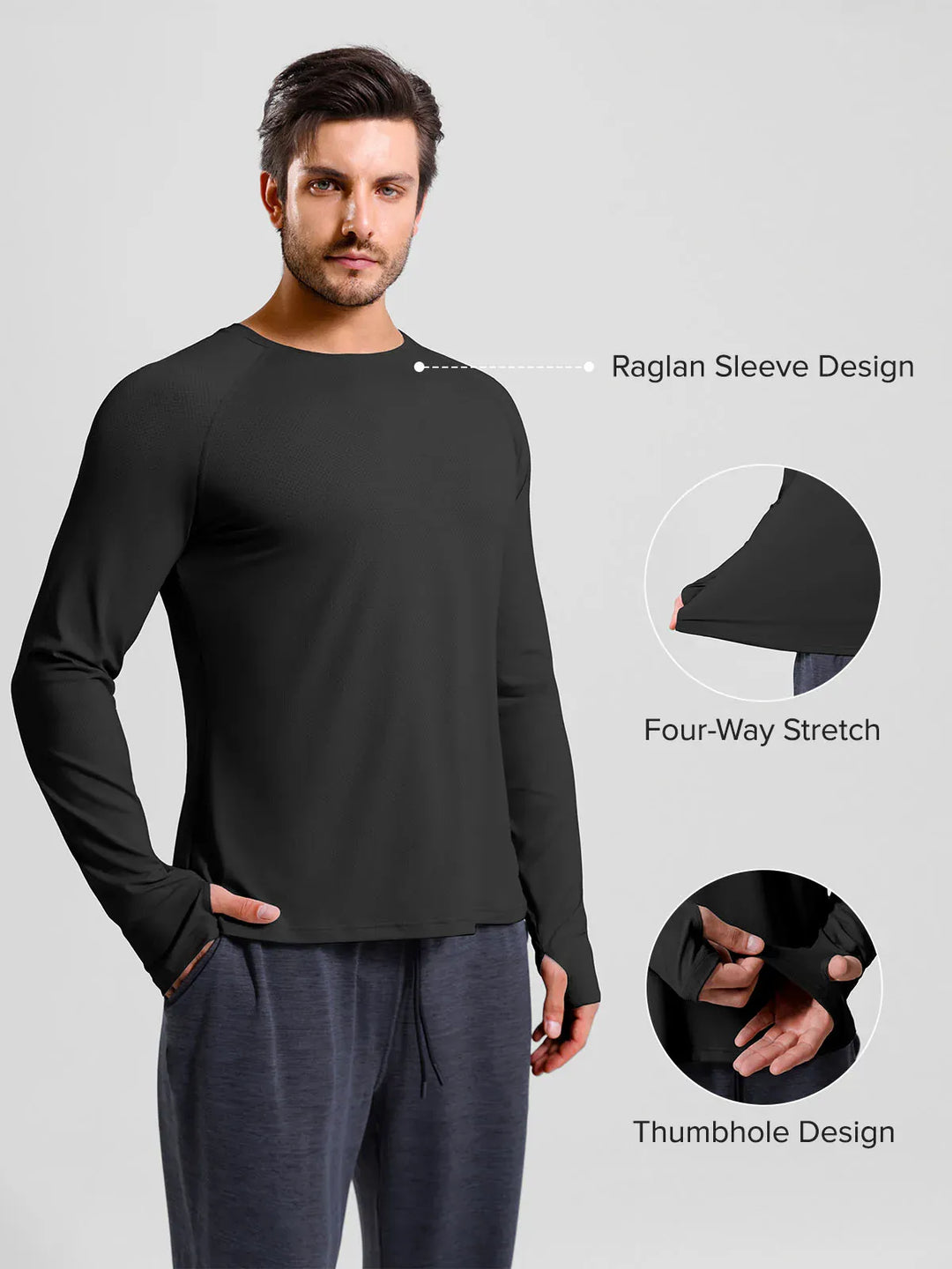 A model wearing a BRXL® Men’s Long Sleeve Thumbhole Activewear Shirt in