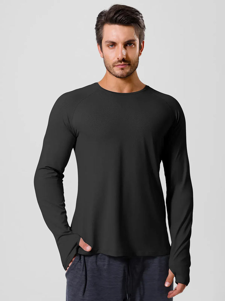 A model wearing a BRXL® Men’s Long Sleeve Thumbhole Activewear Shirt in Black / XS