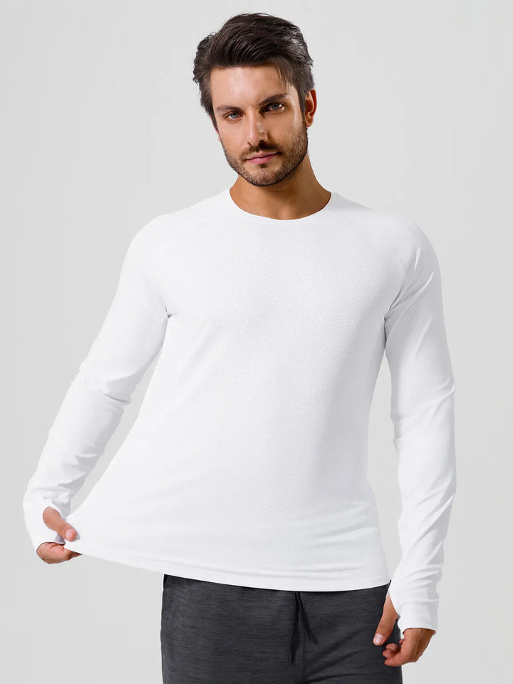 A model wearing a BRXL® Men’s Long Sleeve Thumbhole Activewear Shirt in White / XS