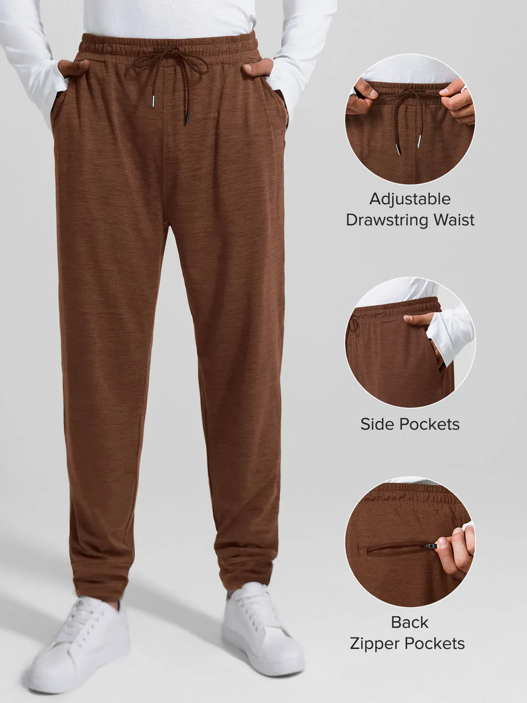 A model wearing a BRXL® Men’s Smooth Four Pockets Tapered Joggers in