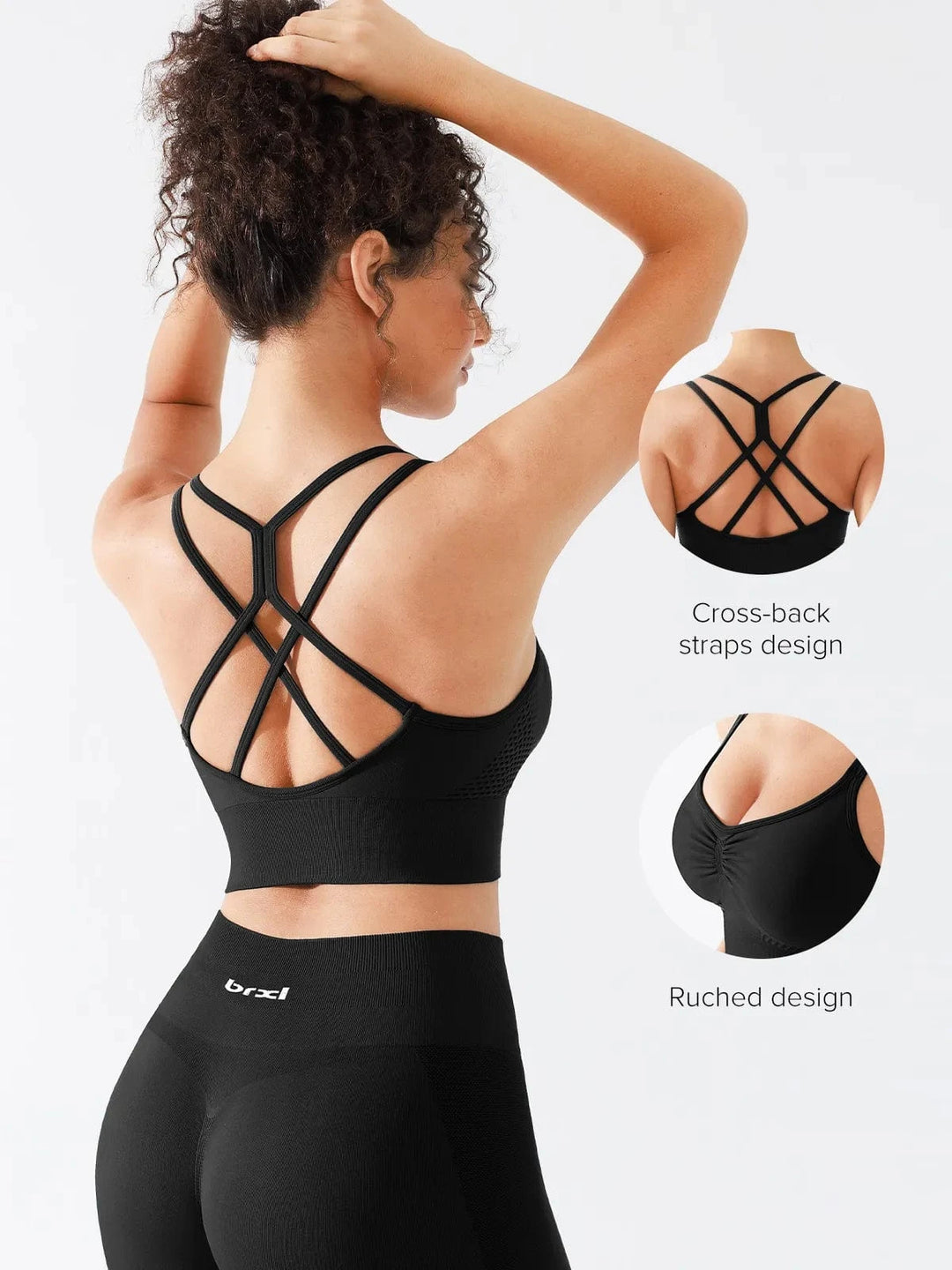 A model wearing a BRXL® Seamless Criss Cross Spaghetti Racerback Sports Bra in