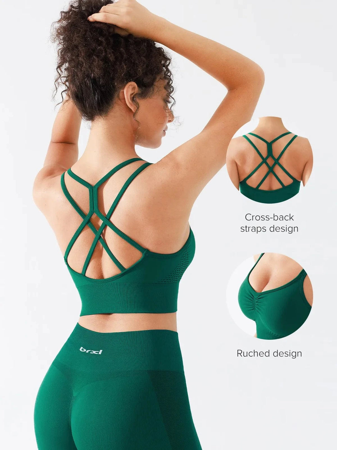 A model wearing a BRXL® Seamless Criss Cross Spaghetti Racerback Sports Bra in