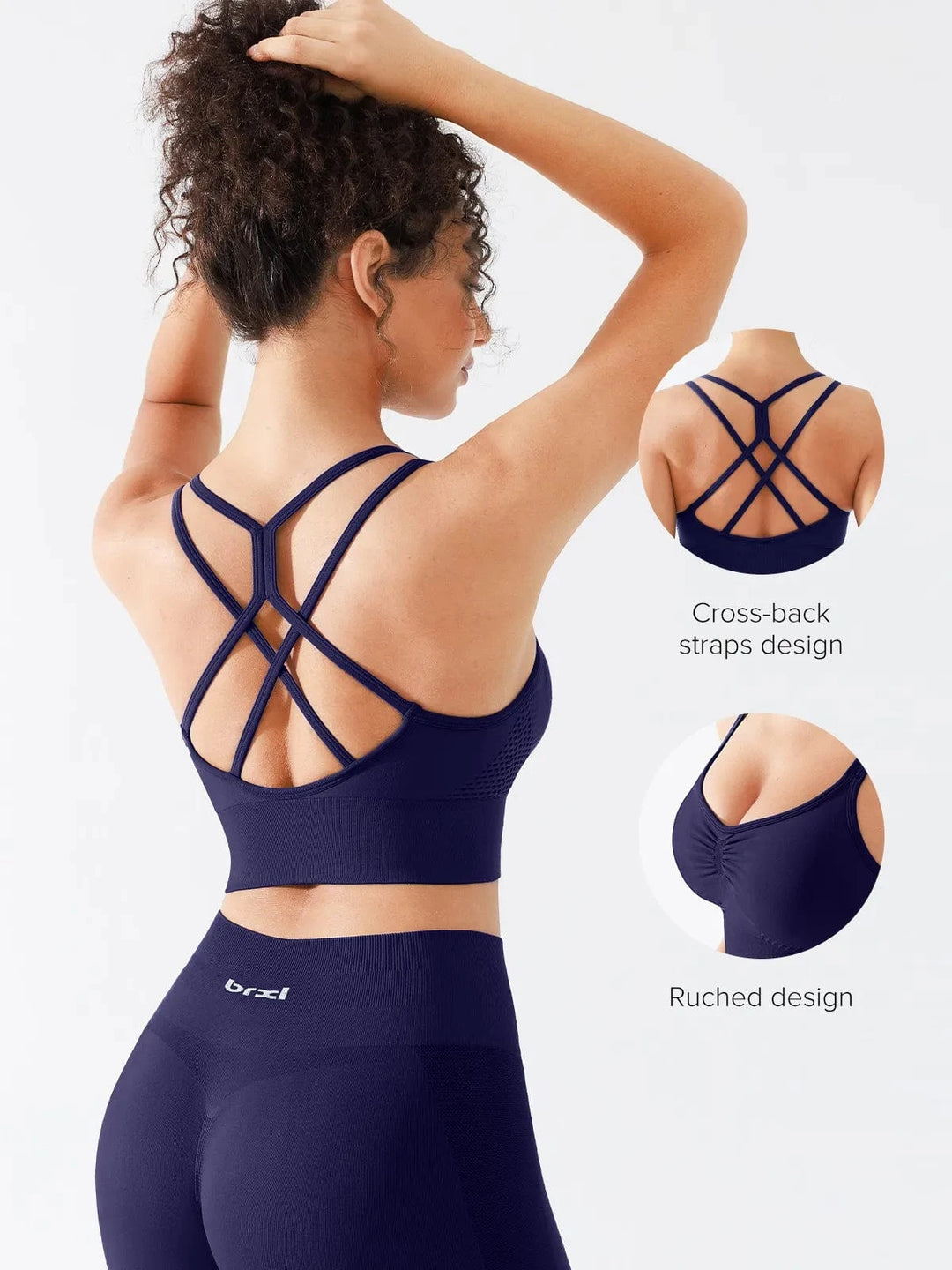 A model wearing a BRXL® Seamless Criss Cross Spaghetti Racerback Sports Bra in
