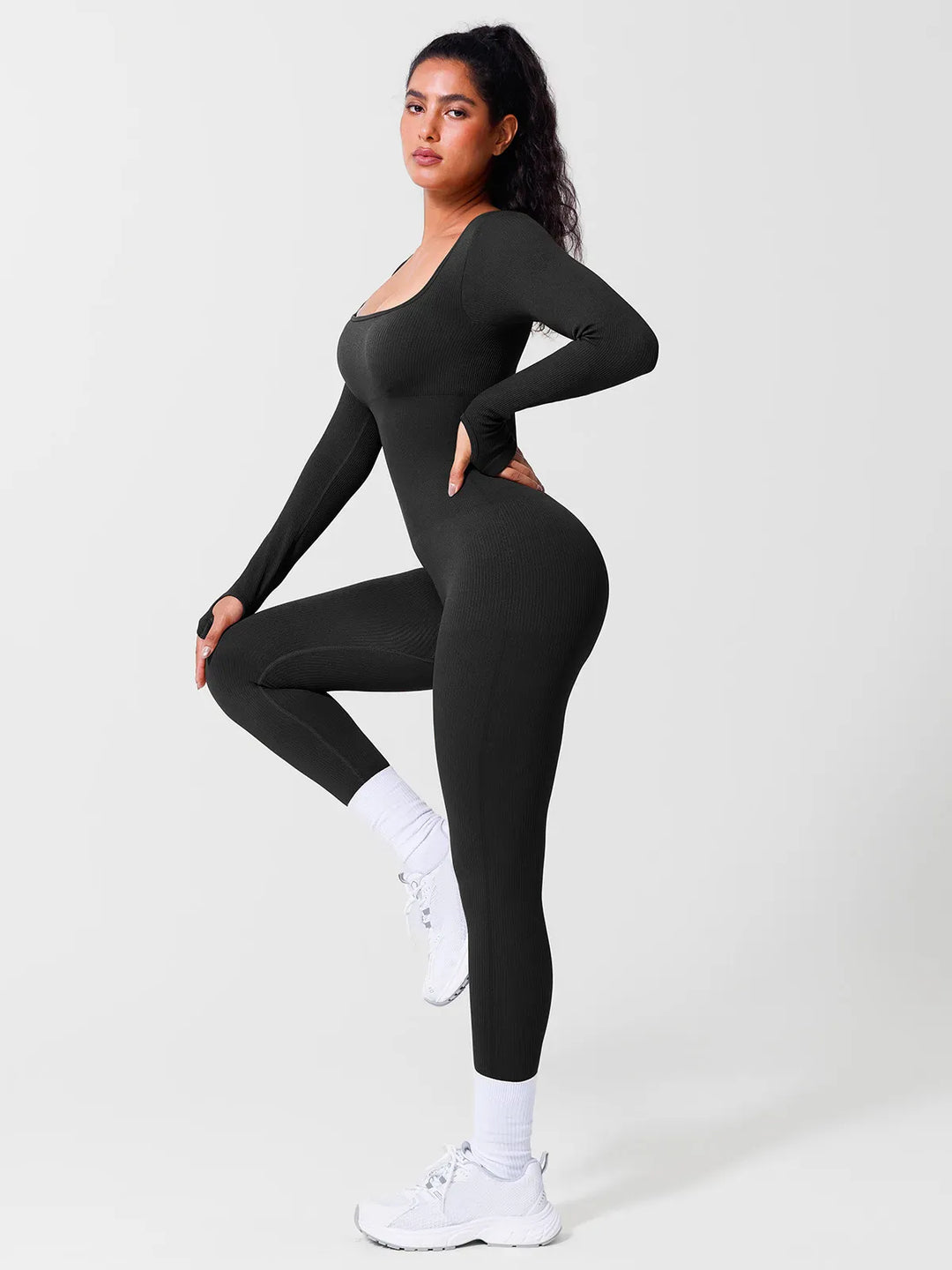 A model wearing a BRXL® Seamless Square Neck Tummy Control Jumpsuits in