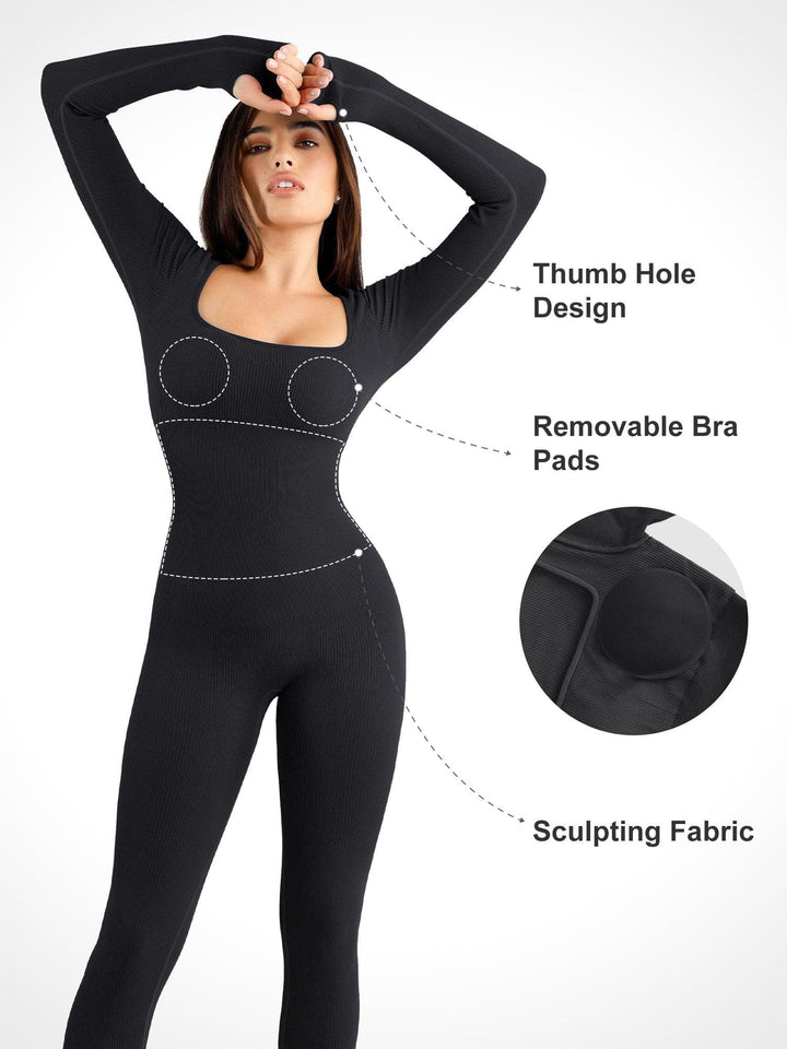 A model wearing a BRXL® Yoga Activewear Jumpsuit Winter Shapewear Long Sleeve Thumb Hole Jumpsuit in