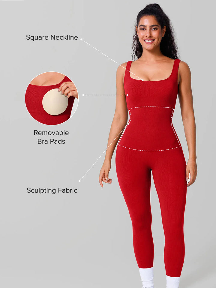A model wearing a BRXL® Yoga Activewear Jumpsuit Shapewear Seamless Square Neck Tank Workout Jumpsuit in