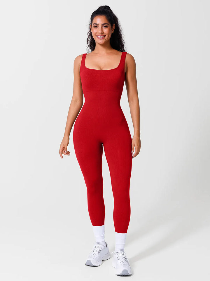 A model wearing a BRXL® Yoga Activewear Jumpsuit Shapewear Seamless Square Neck Tank Workout Jumpsuit in Red / S