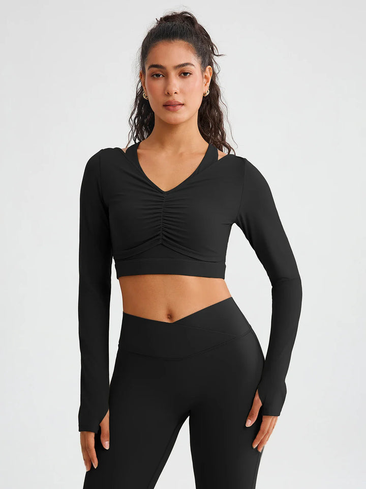 BrxlZero® Off Shoulder Long Sleeve Crop Top with Built-In Bra