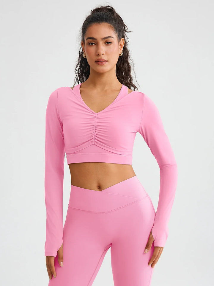 BrxlZero® Off Shoulder Long Sleeve Crop Top with Built-In Bra
