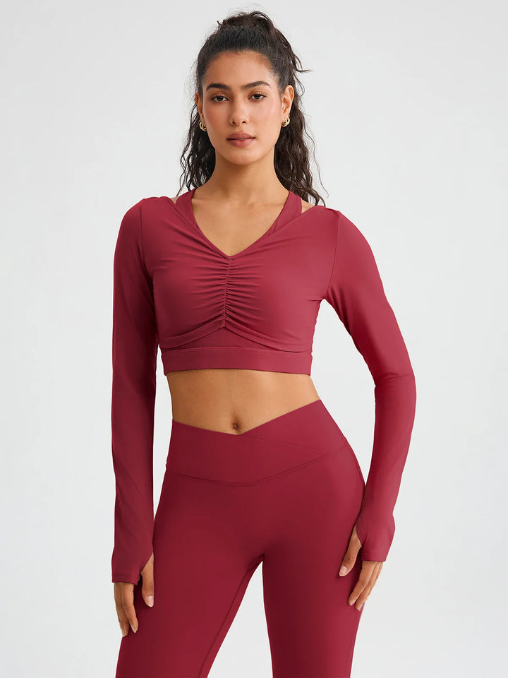 BrxlZero® Off Shoulder Long Sleeve Crop Top with Built-In Bra