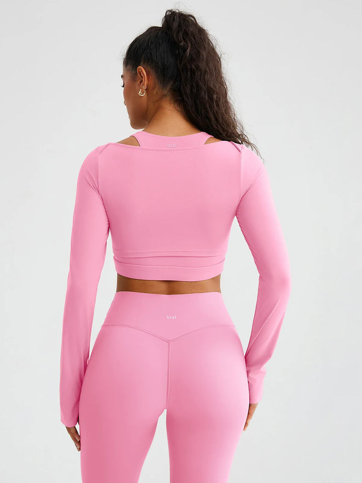 BrxlZero® Off Shoulder Long Sleeve Crop Top with Built-In Bra