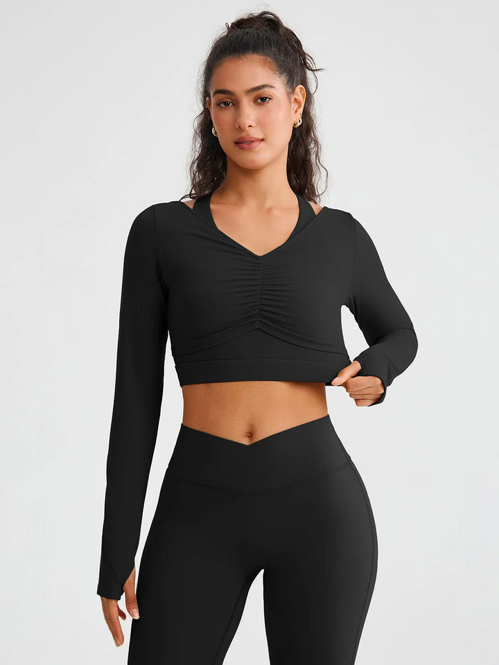 BrxlZero® Off Shoulder Long Sleeve Crop Top with Built-In Bra