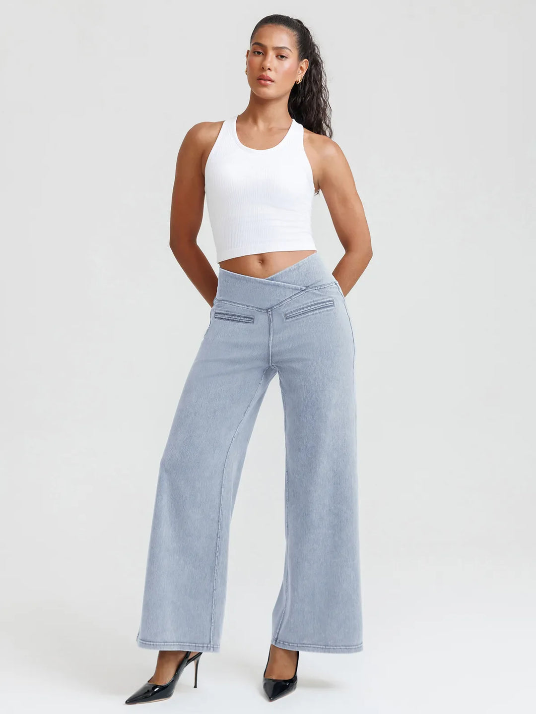Crossover Tummy Control Casual Wide Leg Jeans with Pockets