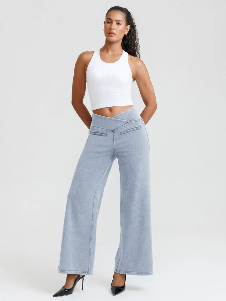 Crossover Tummy Control Casual Wide Leg Jeans with Pockets