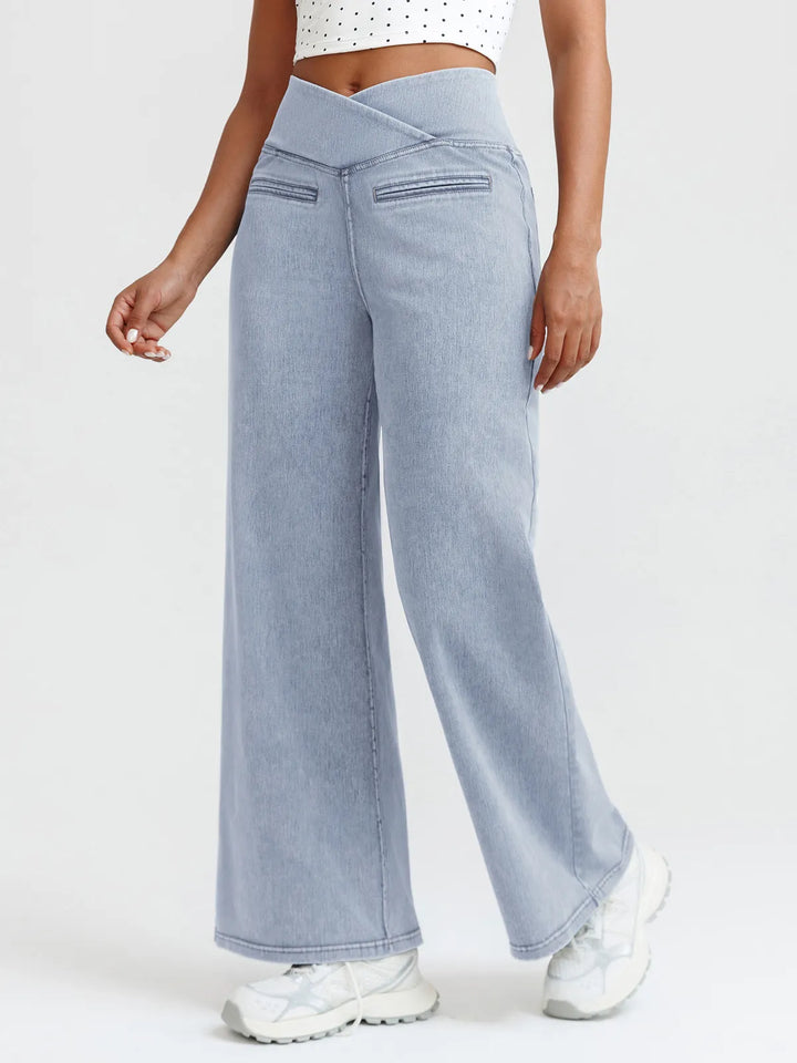 Crossover Tummy Control Casual Wide Leg Jeans with Pockets