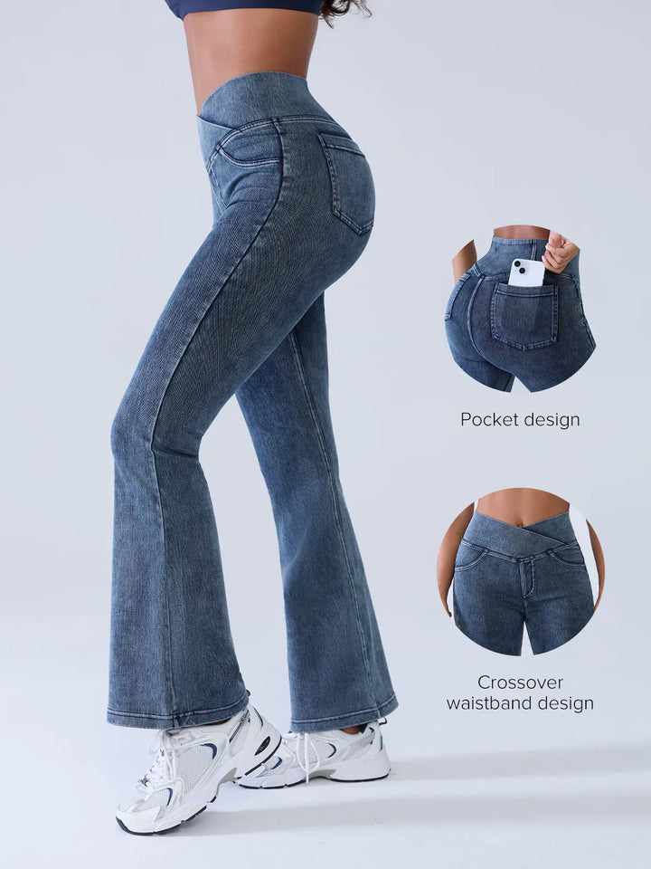 Crossover Denim Flare Leggings with Pockets