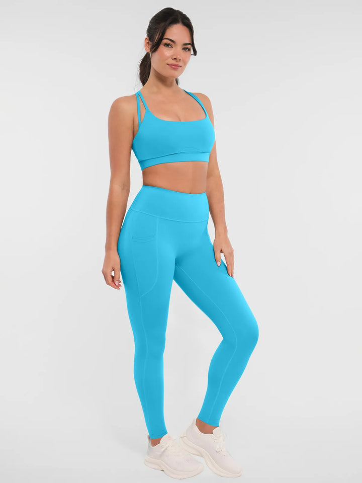 BRXL Light Blue Sports Bra Sculpted Shorts Sculpted Leggings Set