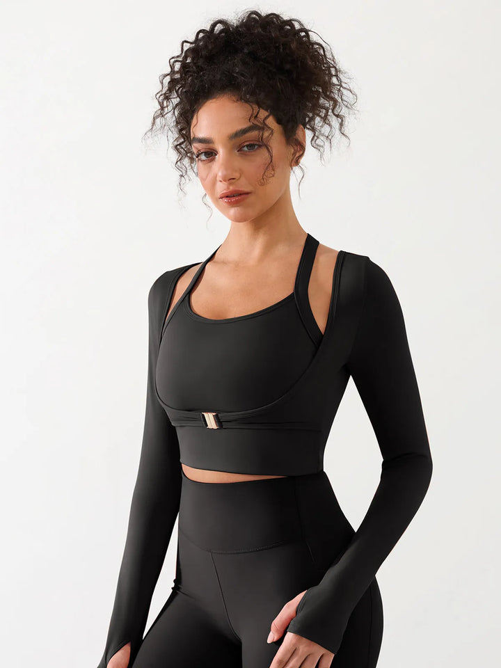 Long Sleeve Halter Shrug Top with Buckle and Thumbhole