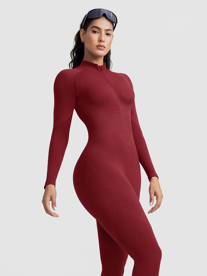 BrxlGrit™ Long Sleeve Sculpting Contrast Workout Zip Up Jumpsuit