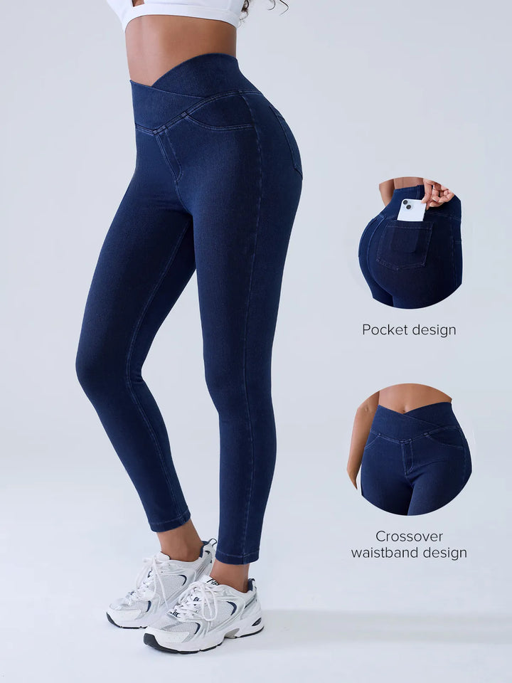 Crossover Denim Sculpting Leggings with Pockets