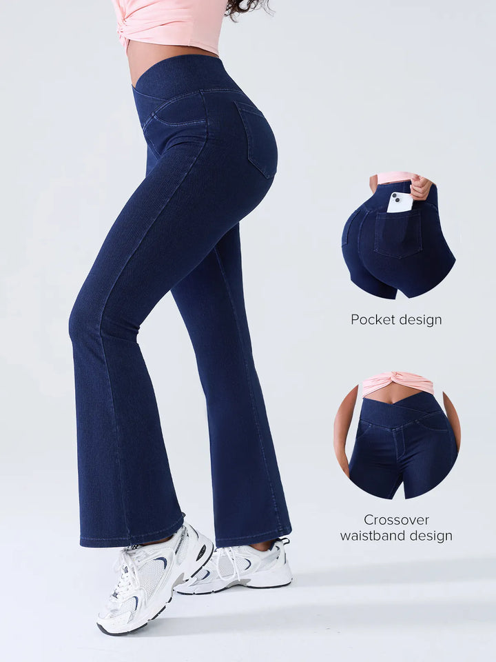 Crossover Denim Flare Leggings with Pockets