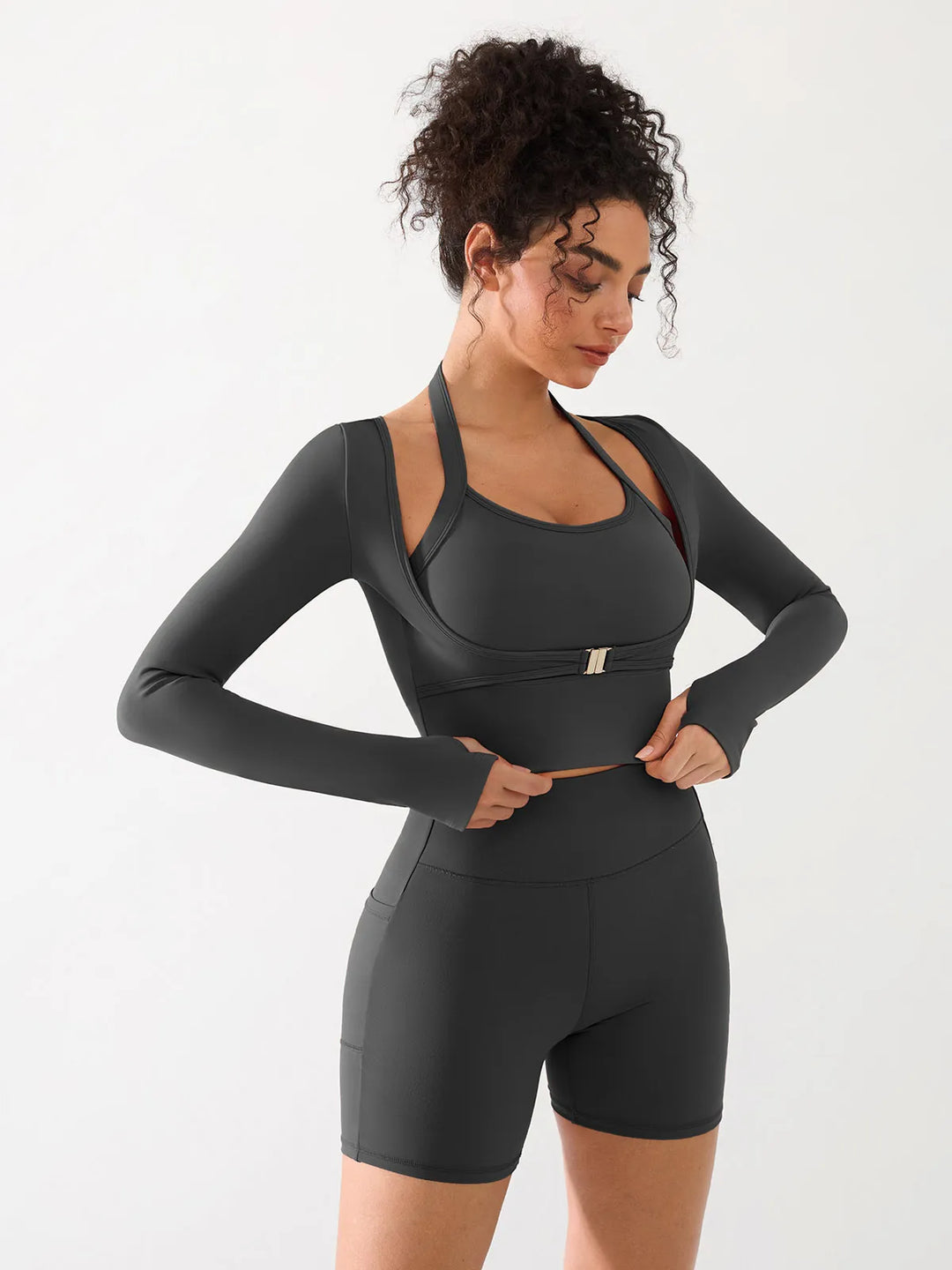 Long Sleeve Halter Shrug Top with Buckle and Thumbhole