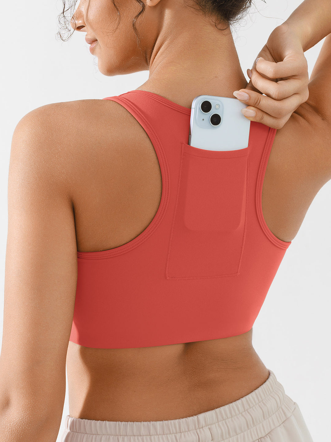 Zip Front Racerback Sports Bra with Phone Pocket