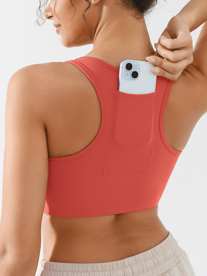 Zip Front Racerback Sports Bra with Phone Pocket