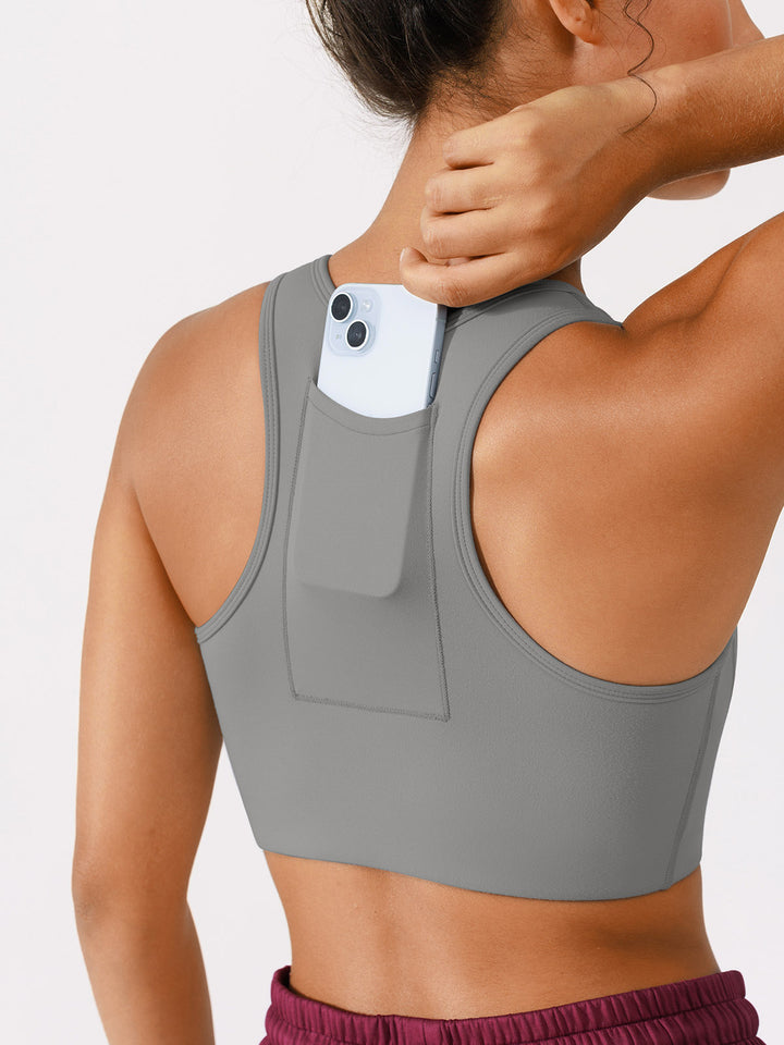 Zip Front Racerback Sports Bra with Phone Pocket