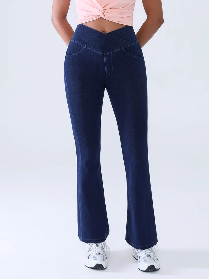 Crossover Denim Flare Leggings with Pockets