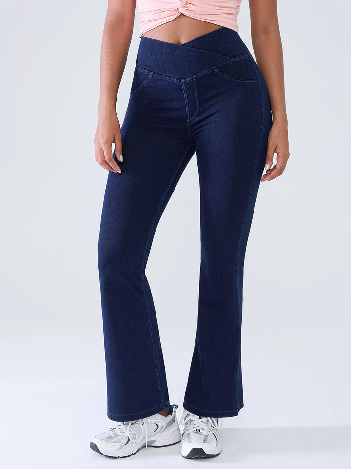 Crossover Denim Flare Leggings with Pockets