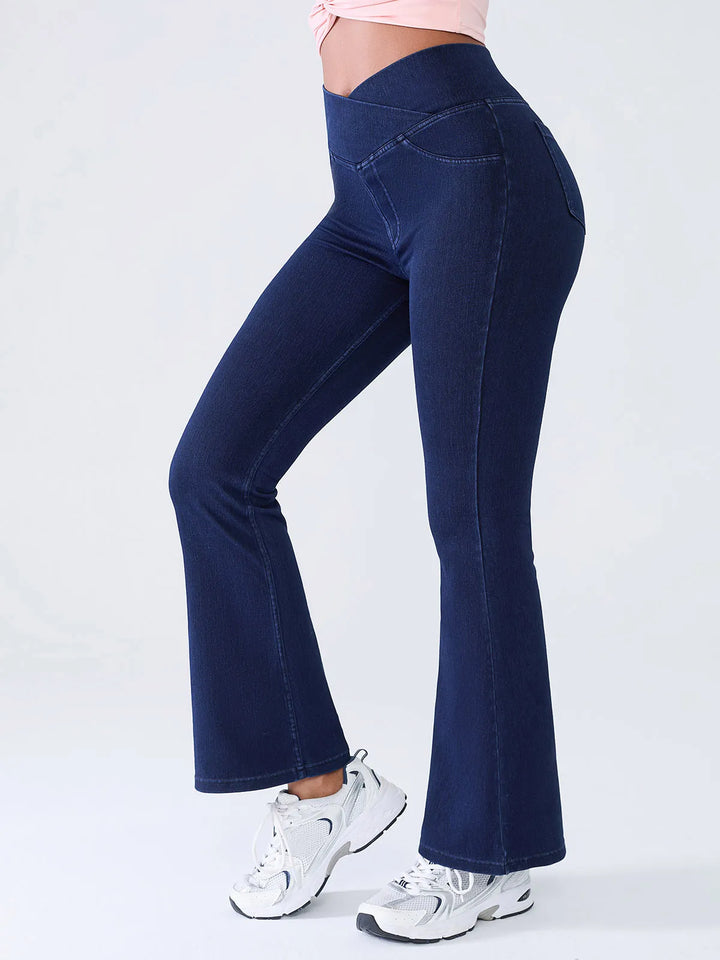 Crossover Denim Flare Leggings with Pockets