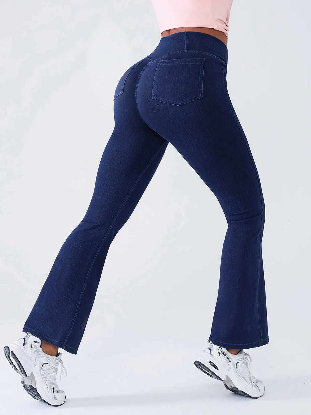 Crossover Denim Flare Leggings with Pockets