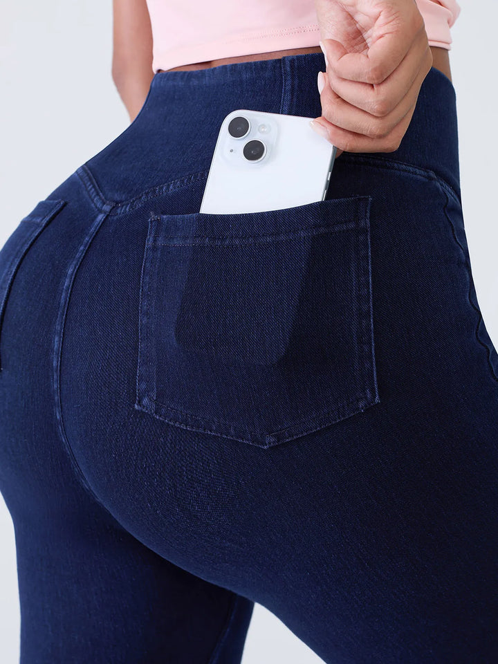 Crossover Denim Flare Leggings with Pockets