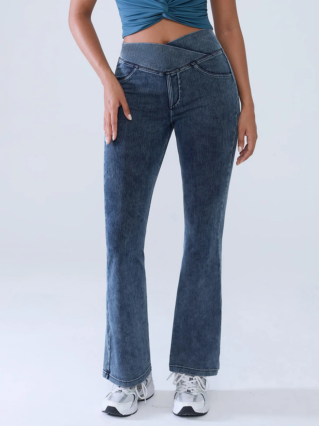 Crossover Denim Flare Leggings with Pockets