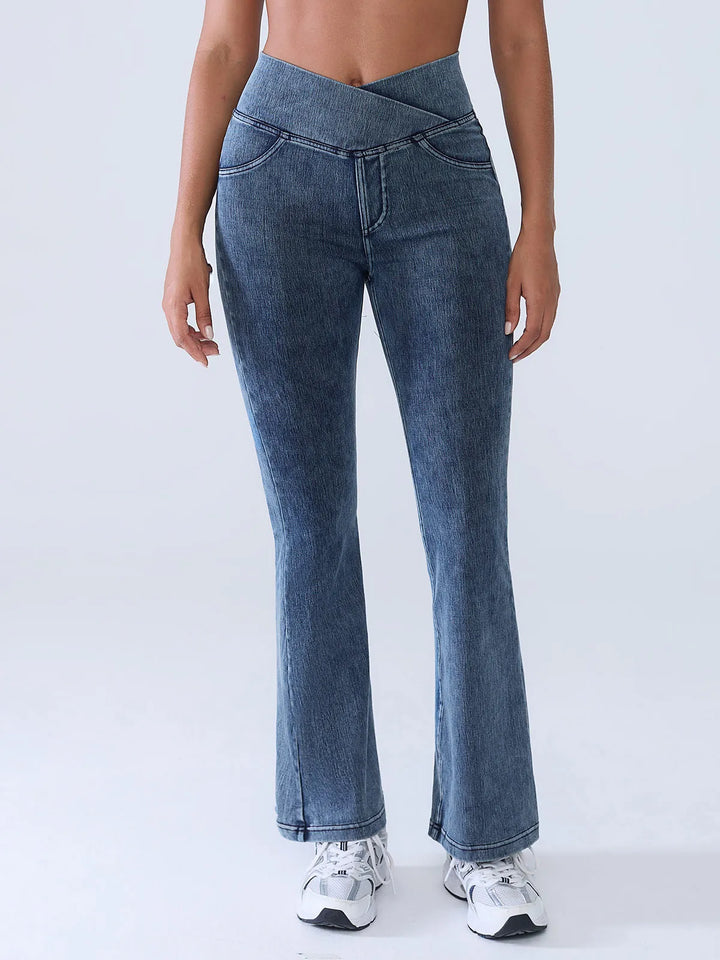 Crossover Denim Flare Leggings with Pockets
