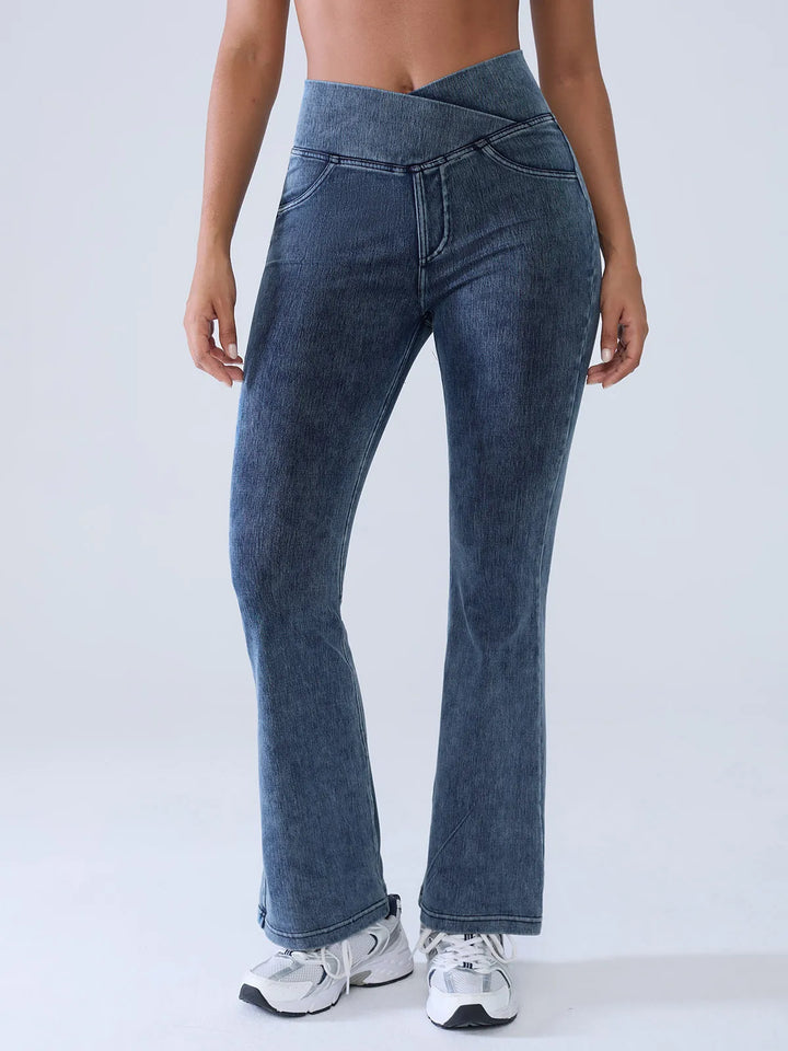 Crossover Denim Flare Leggings with Pockets