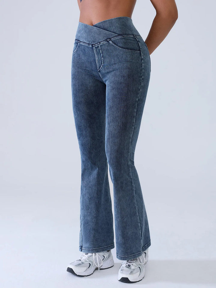 Crossover Denim Flare Leggings with Pockets