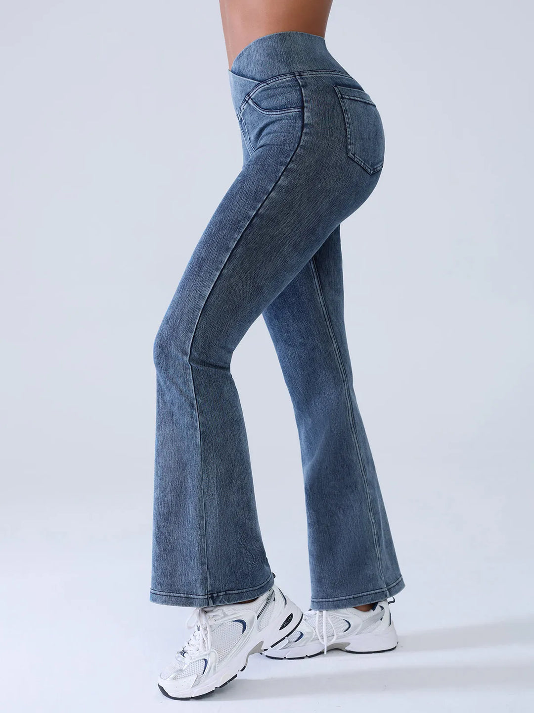 Crossover Denim Flare Leggings with Pockets