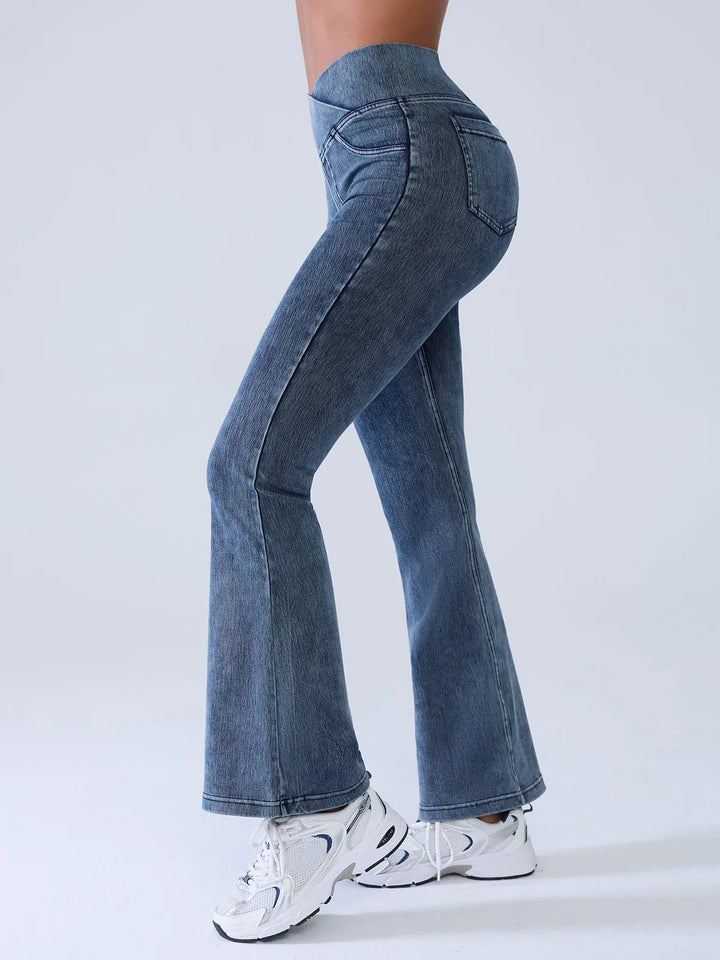 Crossover Denim Flare Leggings with Pockets