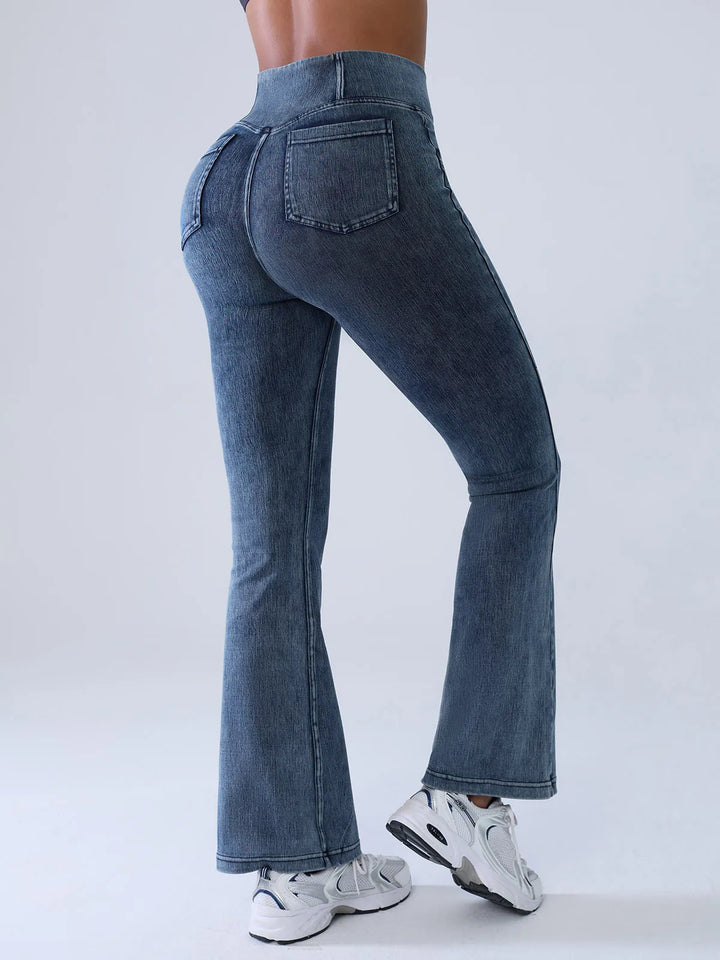 Crossover Denim Flare Leggings with Pockets