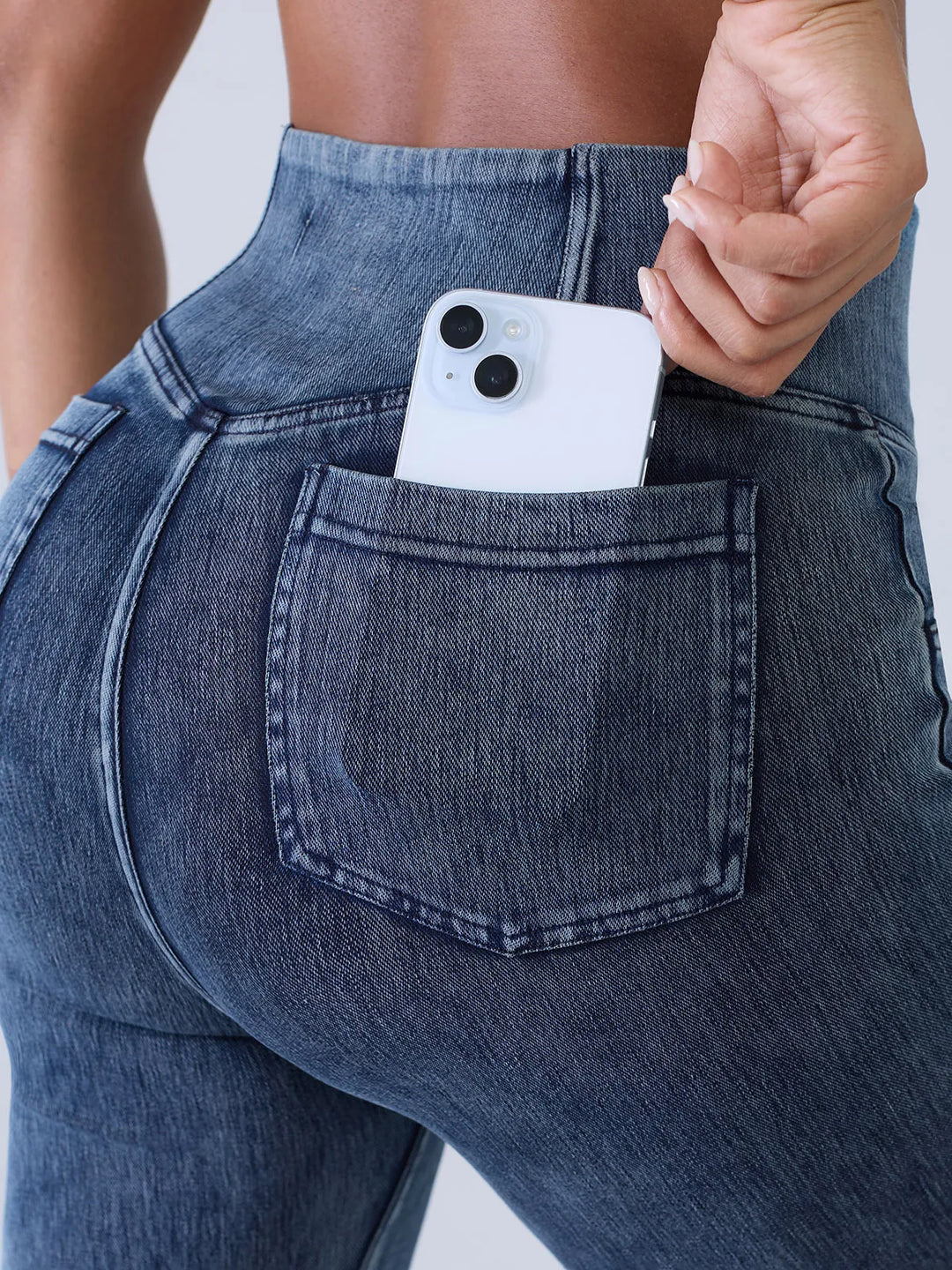 Crossover Denim Flare Leggings with Pockets